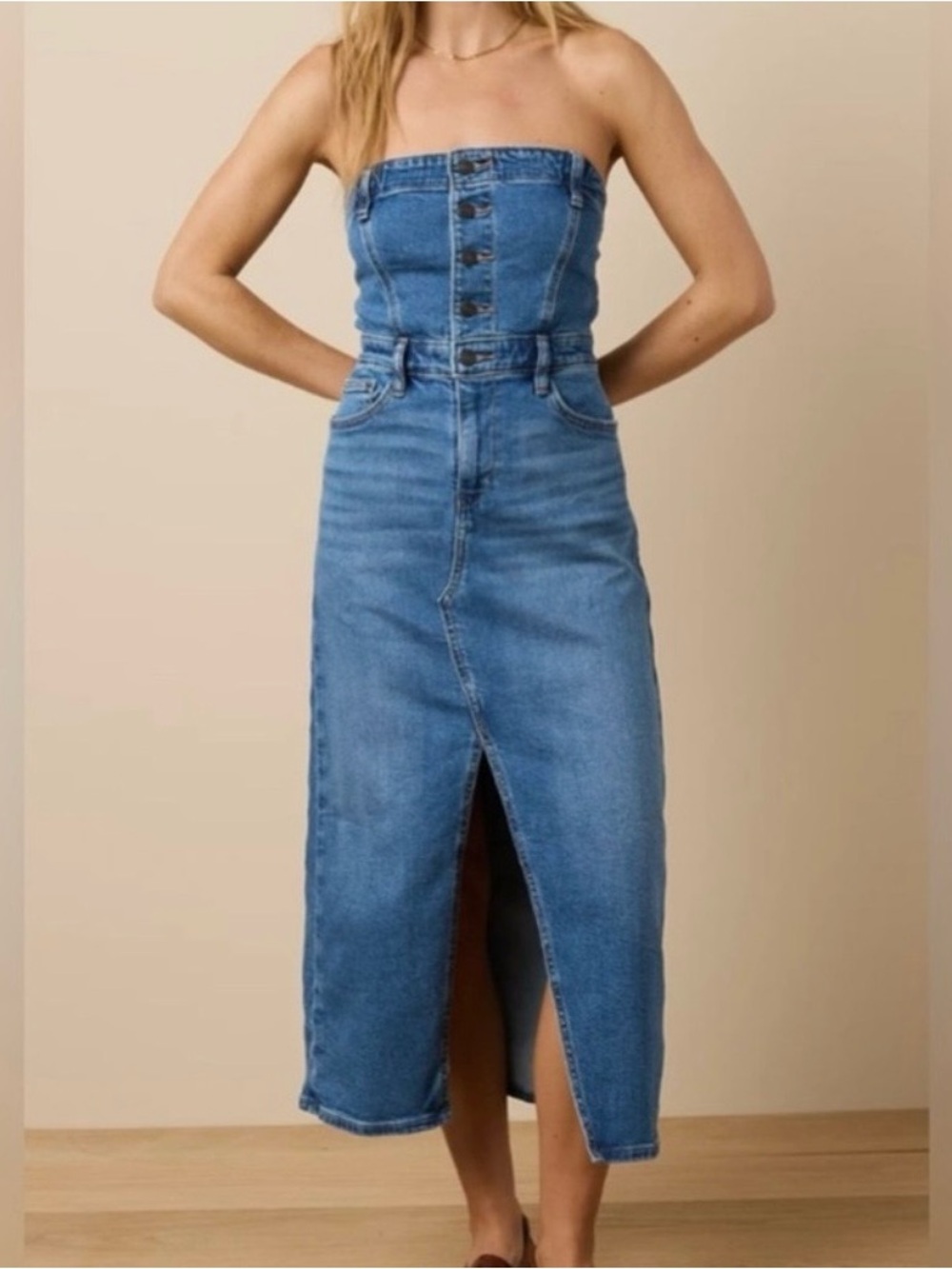 NWOT - American Eagle Outfitters Blue Denim Strapless Midi Dress - Size 10